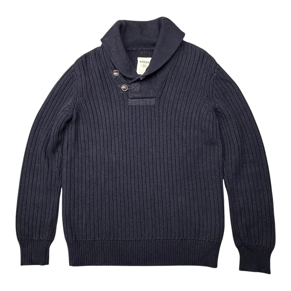 Fossil Sweater Mens Small‎ Navy Shawl Collar Button Ribbed Fisherman Cotton Wool